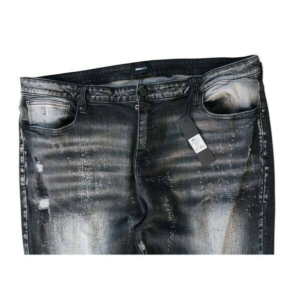 Nova Mens Black Jeans Sz 42 Switch Up The Flow Stacked Slim Fade Detail Distress - Picture 2 of 16